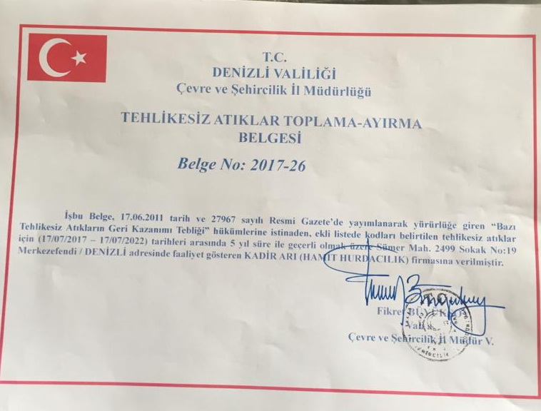 Tehlikesiz Atık Toplama izni